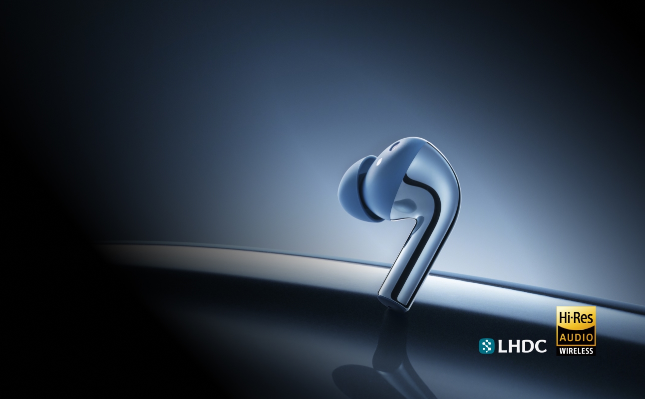 A sleek, blue wireless audio device with LHDC and Hi-Res Audio capabilities.