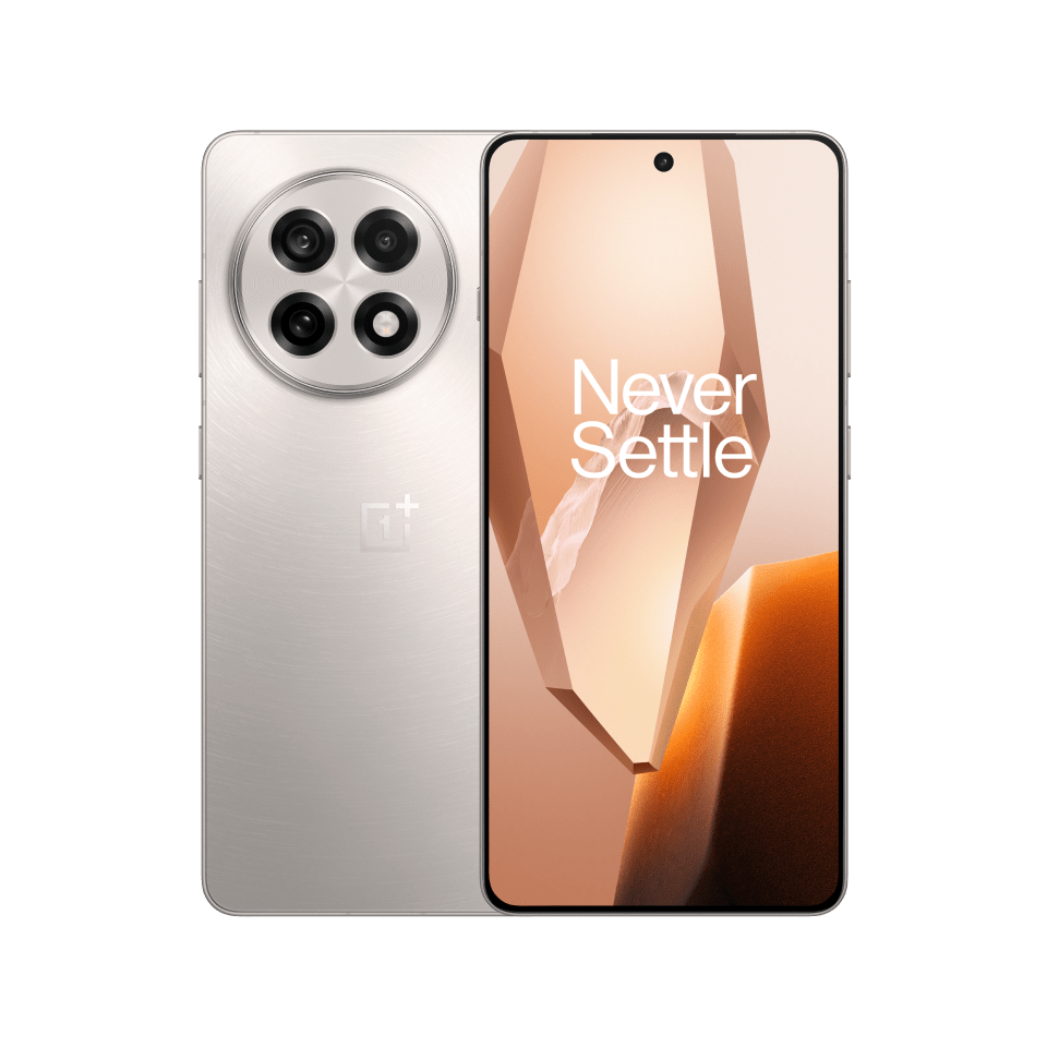 Silver smartphone with four camera lenses and a display showing the "Never Settle" message.