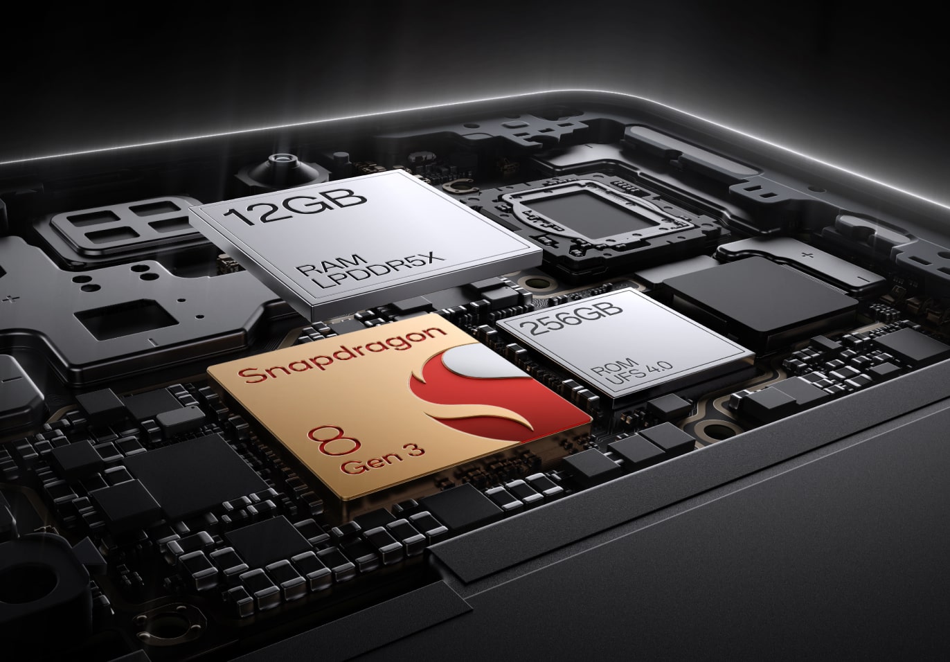 Diverse electronic components in black and silver tones, including RAM, Snapdragon chips, and storage modules, showcasing advanced mobile technology.