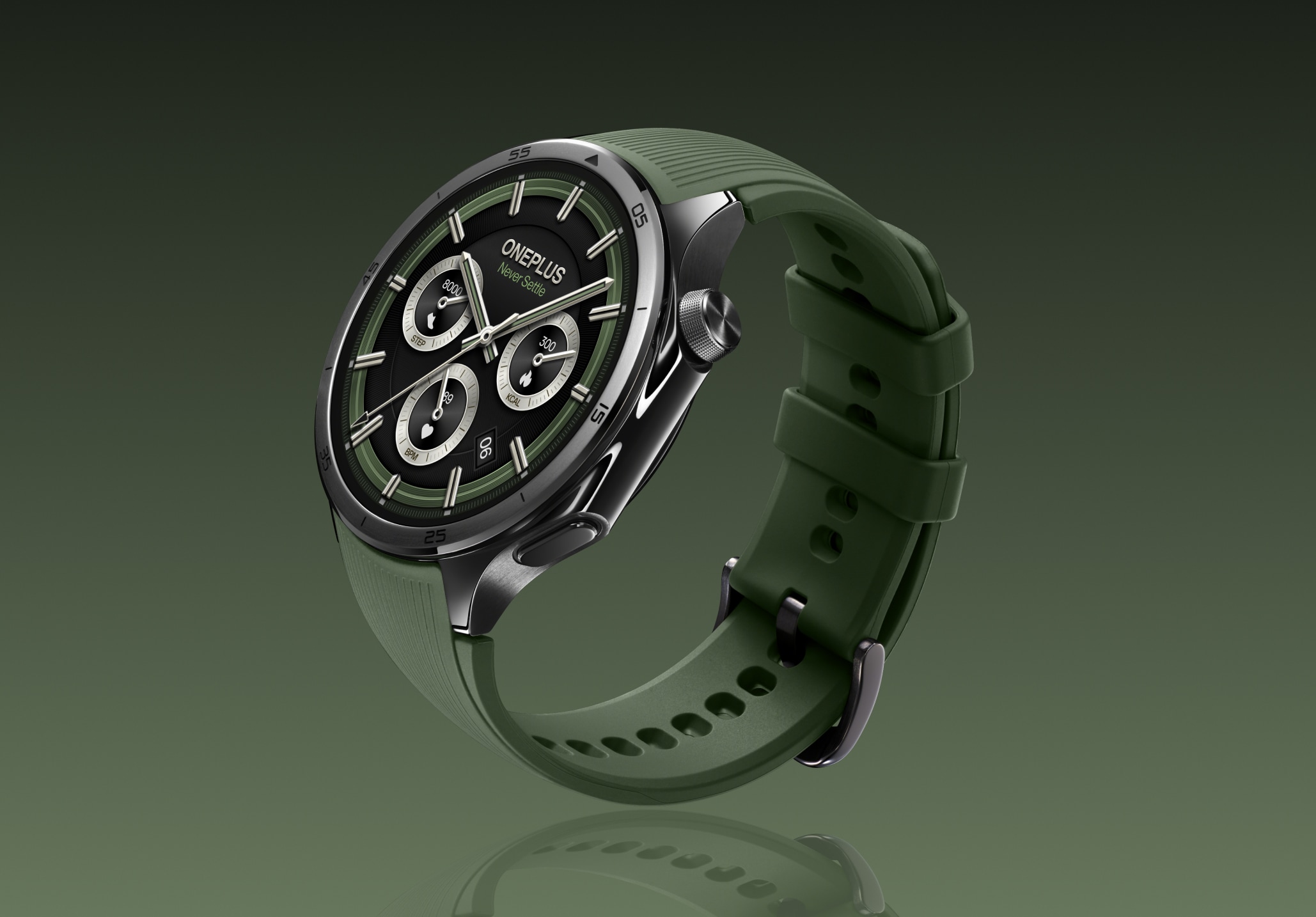 Sleek green and black smartwatch with chronograph features.