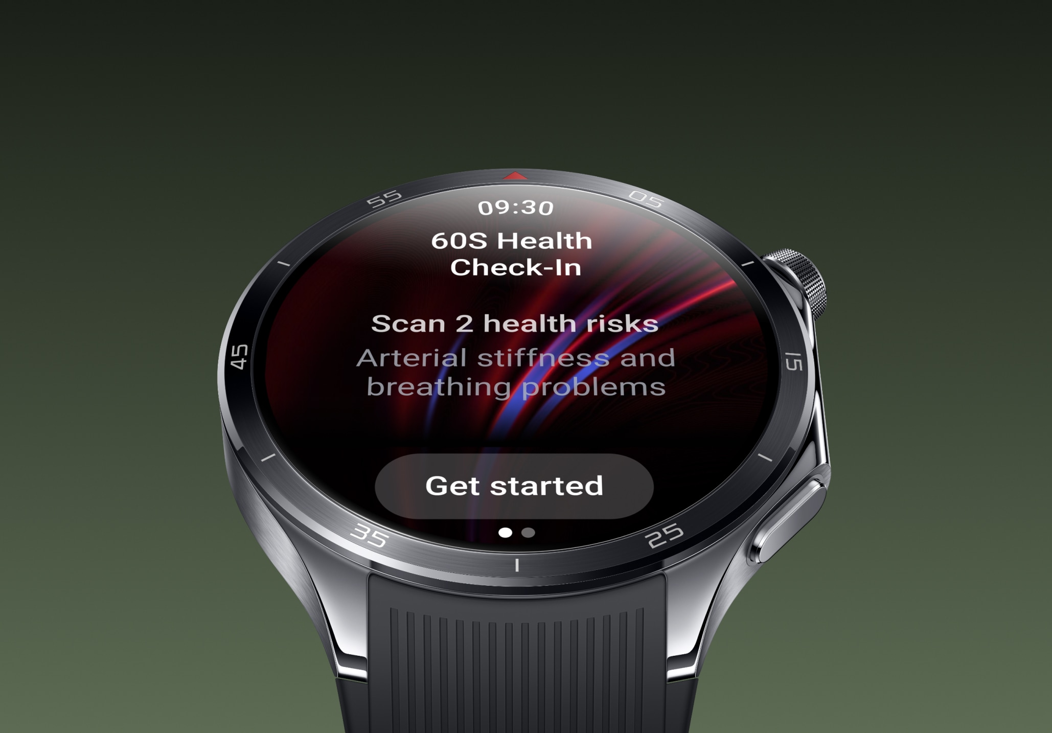 Sleek black and red digital smartwatch displaying 60s health check-in with health risks and "Get started" button.