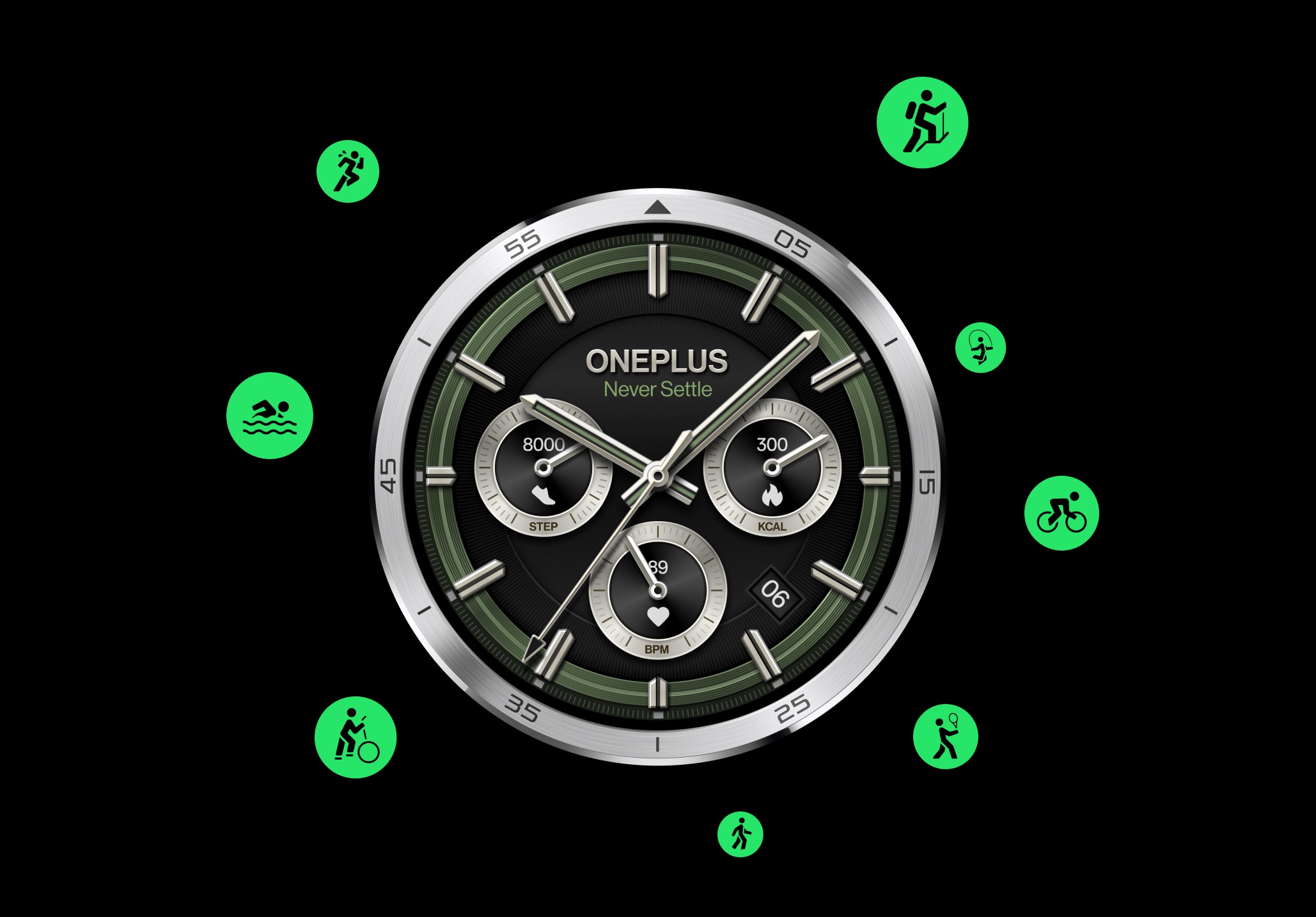 Sleek silver and black sports watch with activity tracking icons