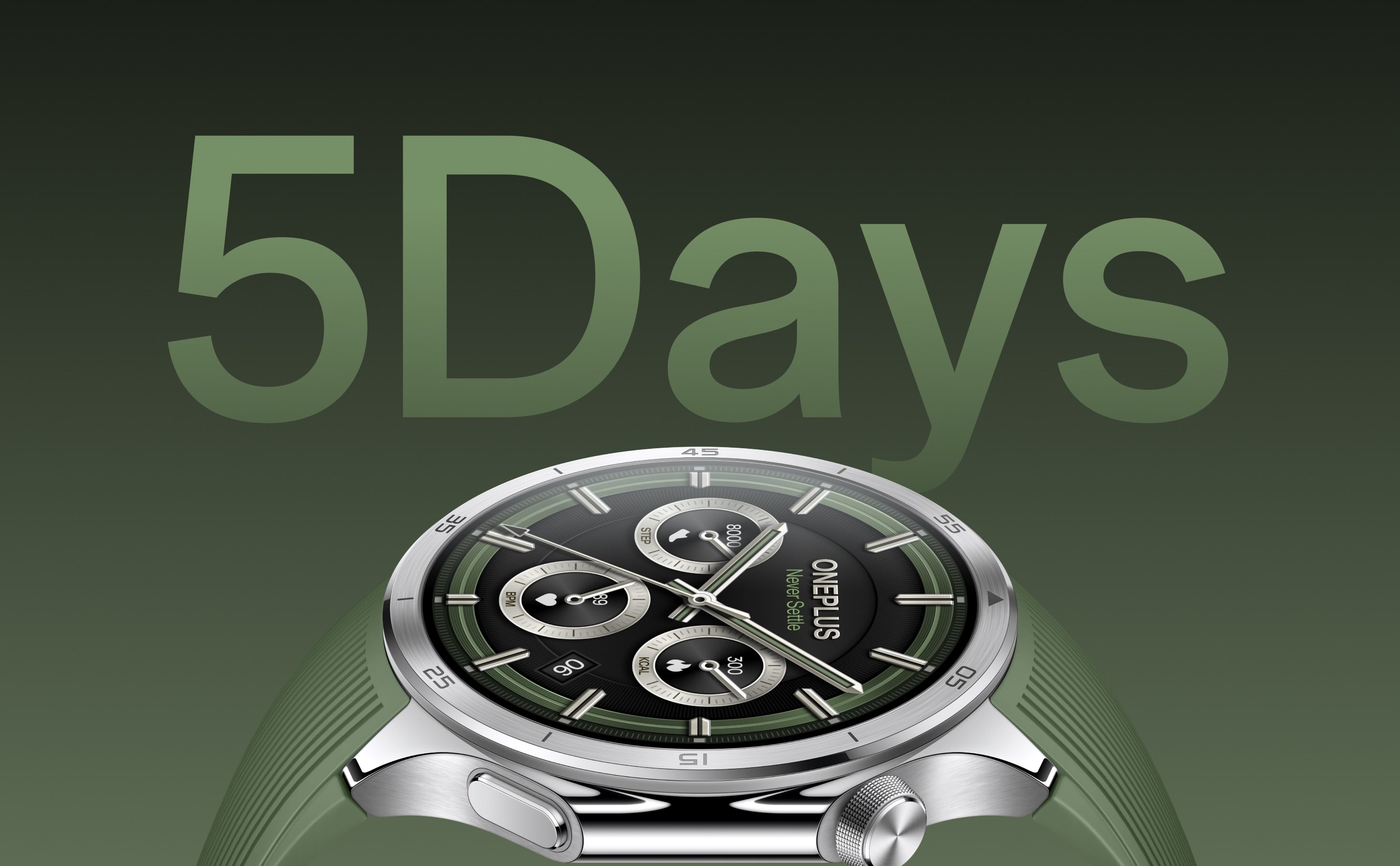 Black and silver watch with green 5 Days text.