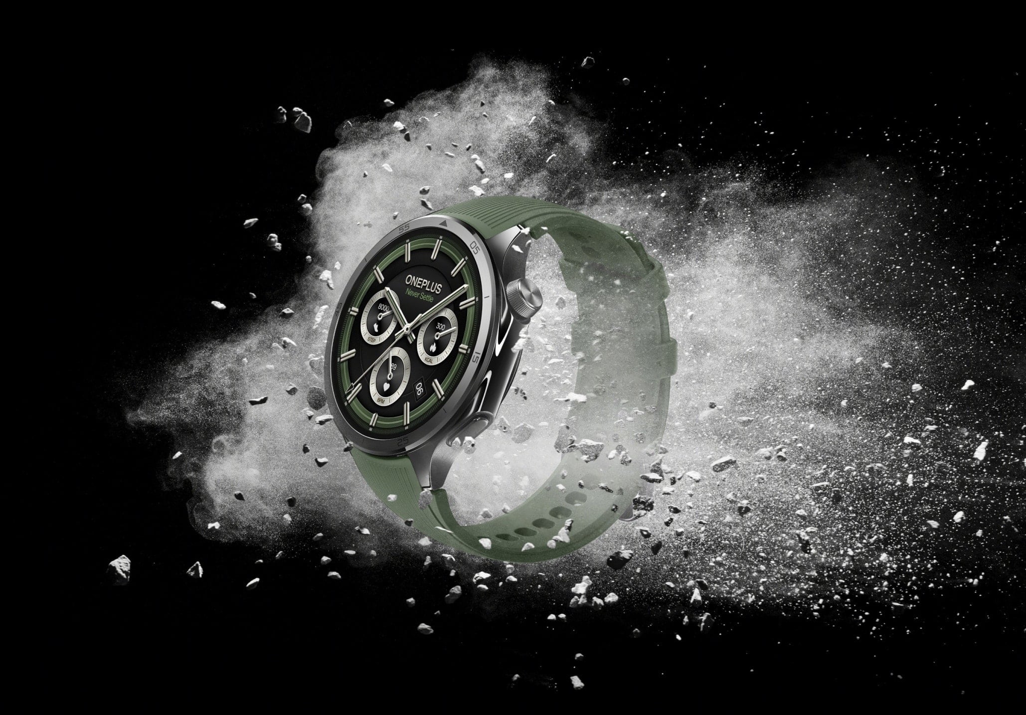 Stylish green smartwatch with intricate design and explosion of energy.
