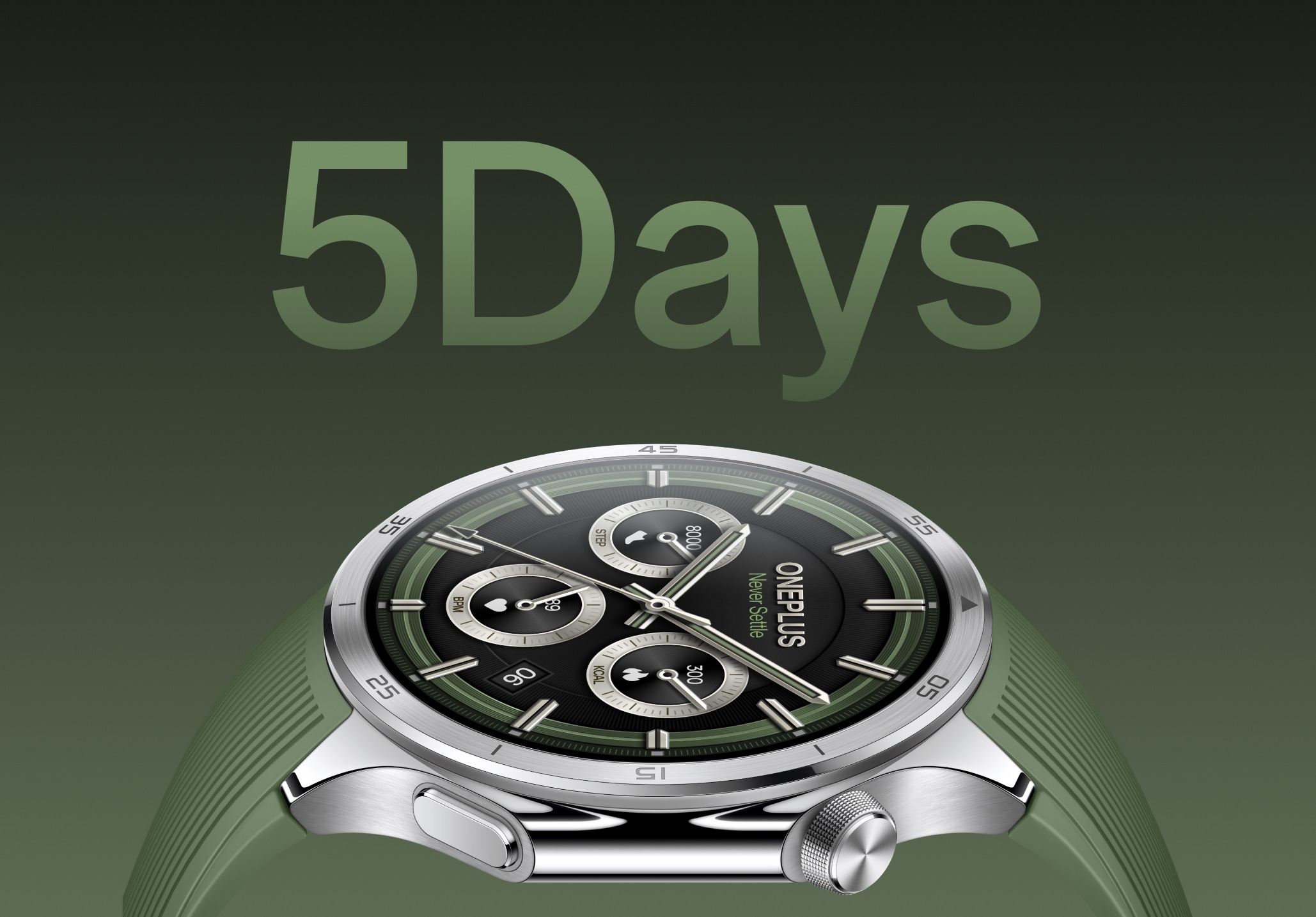 Sleek silver and green watch with chronograph dials and countdown of 5 Days.