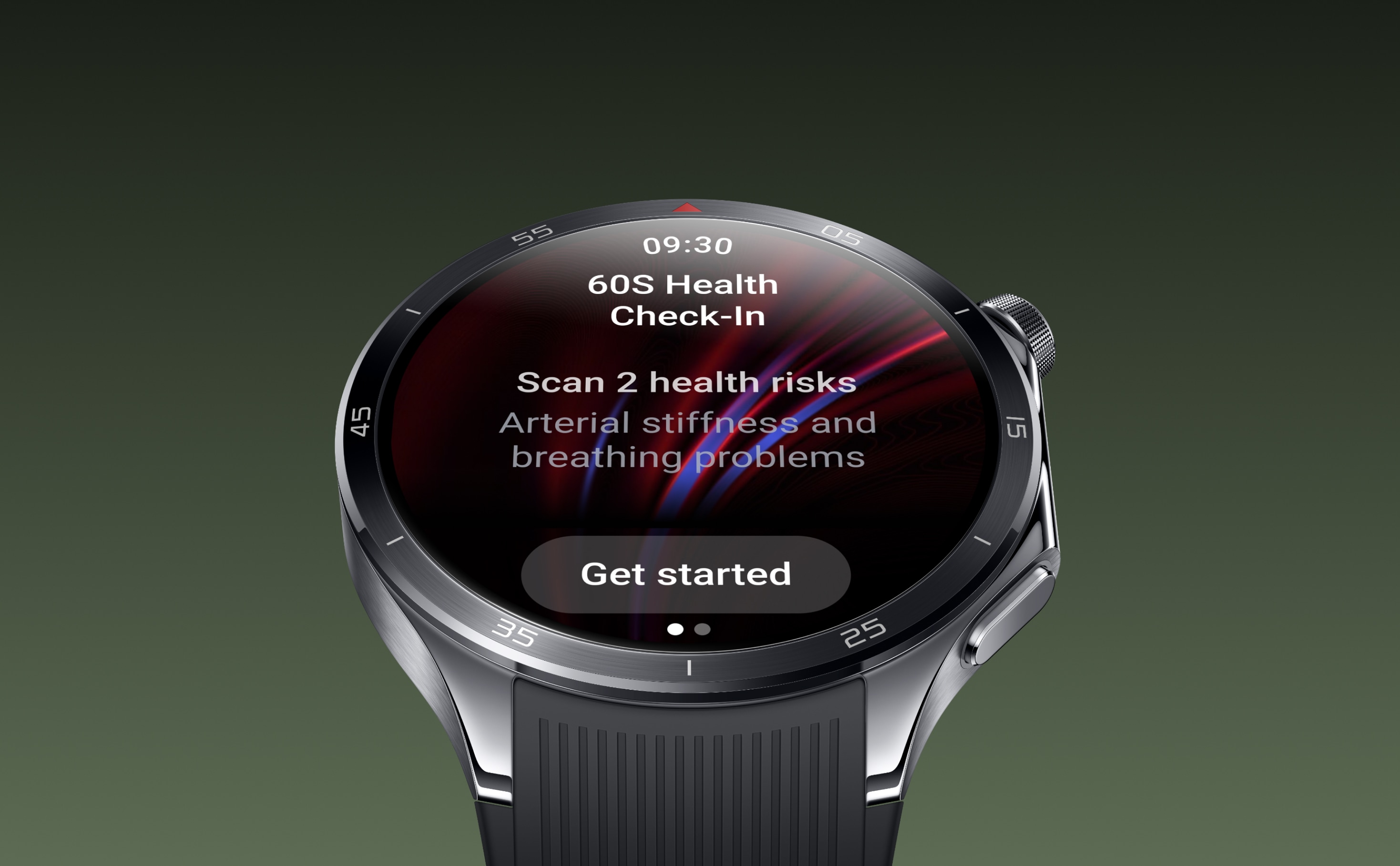 Smart watch screen displaying 60s Health Check-In, scanning health risks, and arterial stiffness and breathing problems.