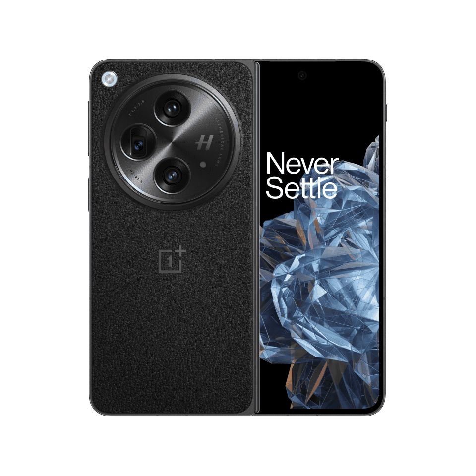 Sleek black smartphone with camera sensor and "Never Settle" display on screen.