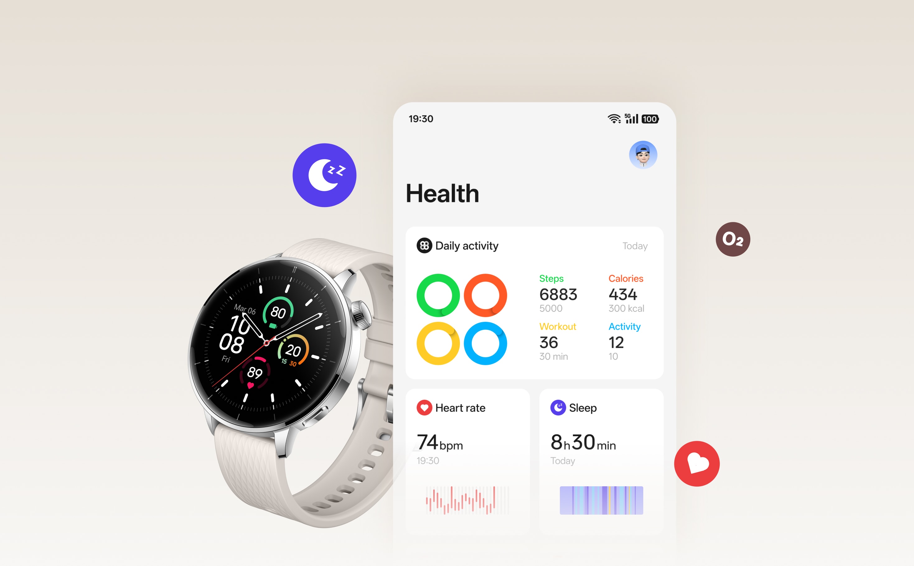 A smartwatch with a circular black and white display showing various health metrics and statistics.